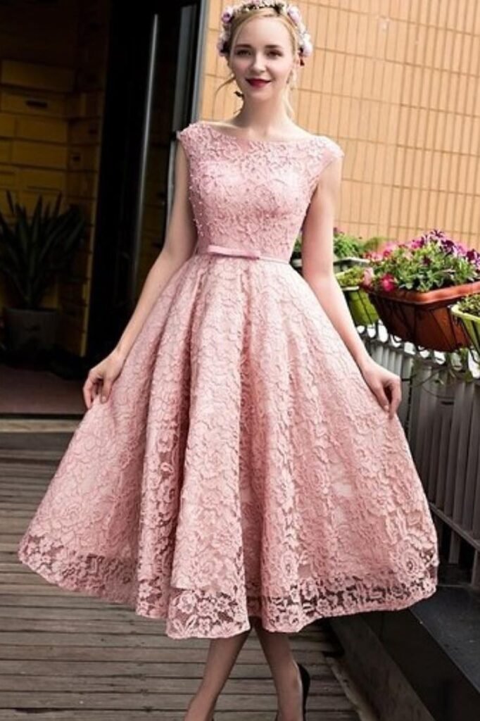 Pink Lace A-Line Dress + Matching Belt + Black Stiletto Pumps