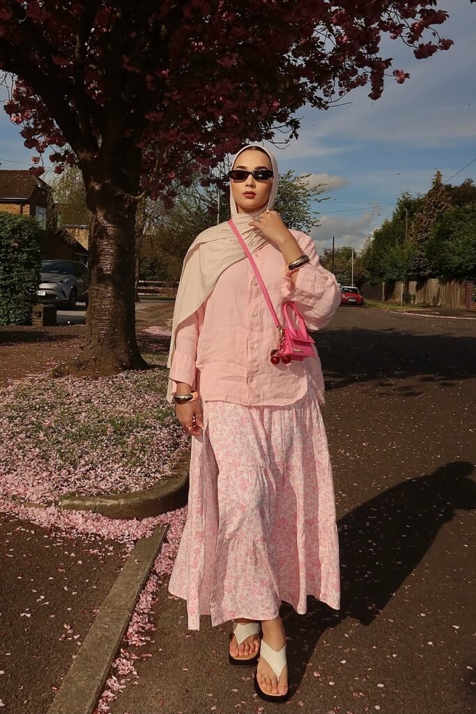 Pink Linen Shirt + Pink Floral Tiered Maxi Skirt + White Thong Sandals