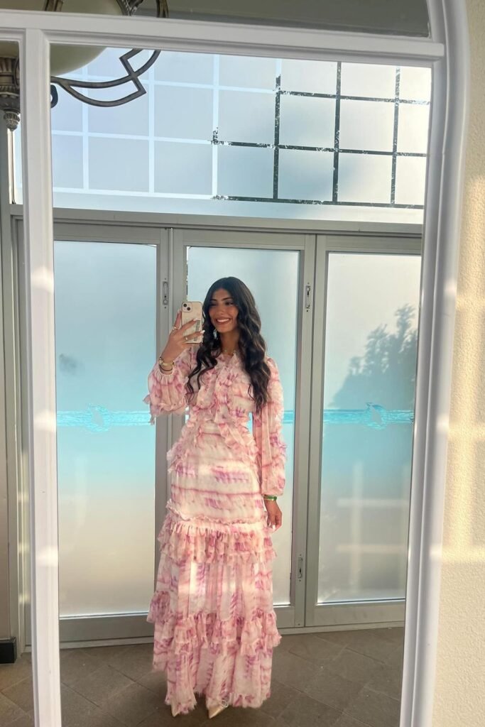 Pink Marble Ruffle Maxi Dress + Gold Heels