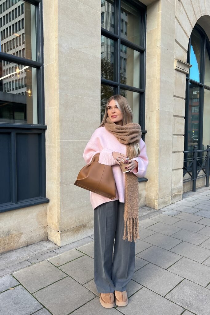 Pink Oversized Sweater + Grey Pleated Trousers + Chunky Brown Scarf + Tan Platform Boots