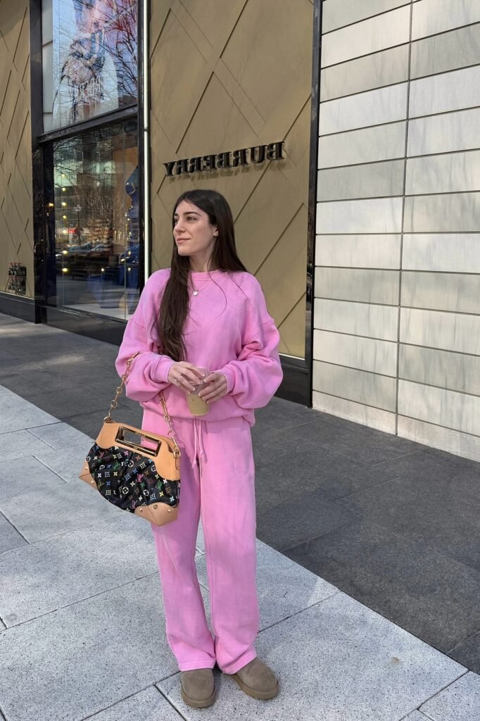 Pink Oversized Sweatshirt + Matching Pink Sweatpants + Brown Suede Boots