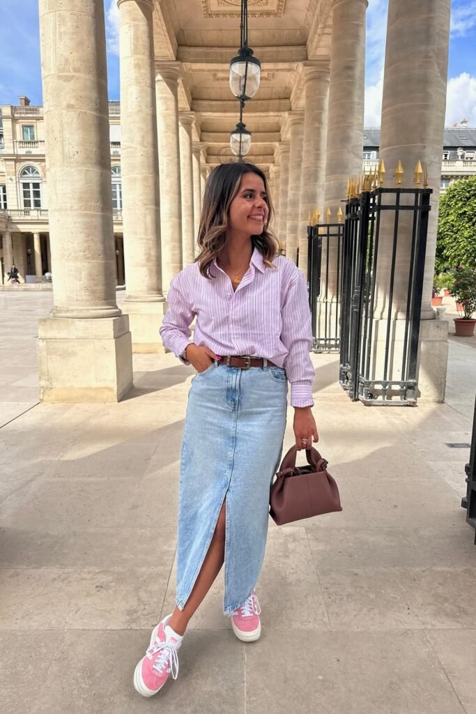 Pink Striped Button-Down + Long Denim Skirt with Slit + Pink Suede Sneakers
