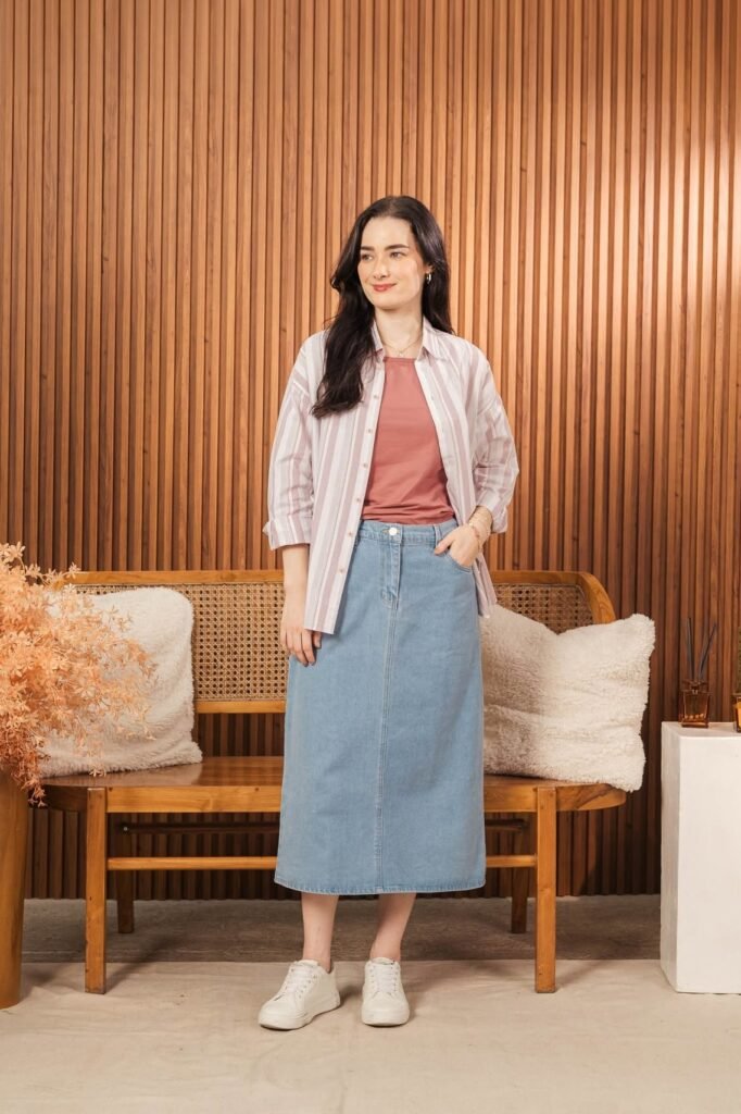 Pink Tank Top + Pink and White Striped Button-Down + Light Wash Denim Maxi Skirt + White Sneakers