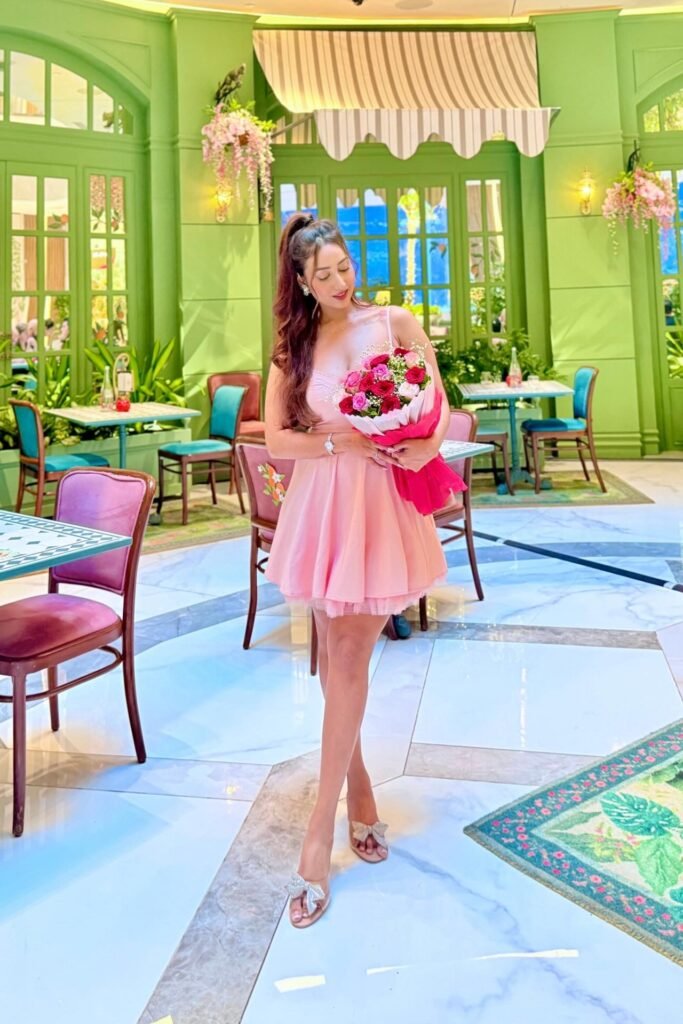 Pink Tulle Mini Dress + Pink Rose Bouquet + Silver Bow Heels