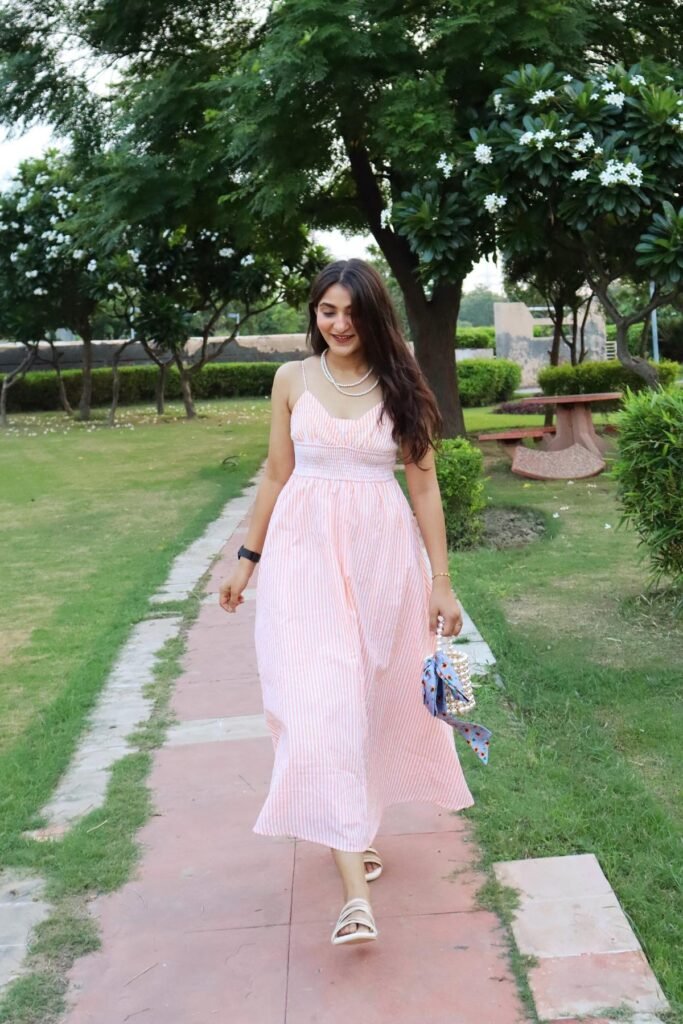 Pink & White Striped Cami Maxi Dress + White Slide Sandals