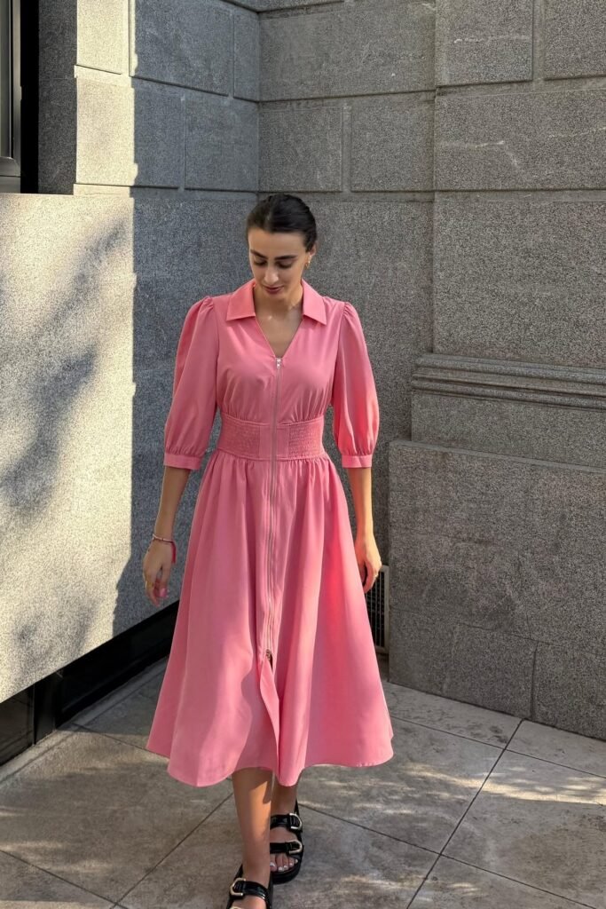 Pink Zip-Front Midi Dress + Smocked Waistband + Black Double-Strap Sandals