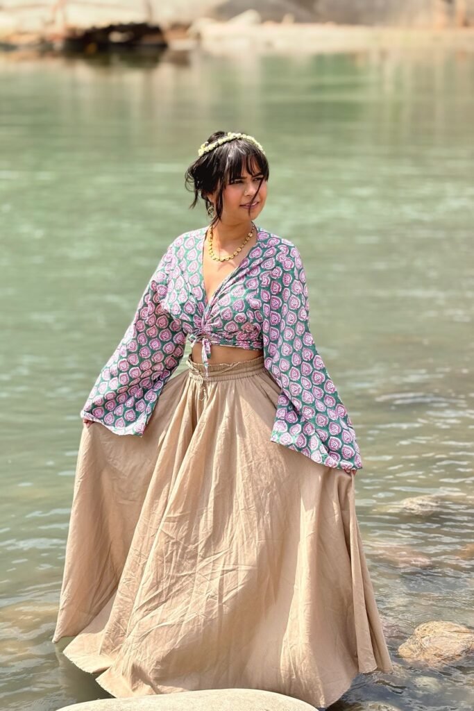 Pink and Green Paisley Bell-Sleeve Crop Top + Beige Pleated Maxi Skirt