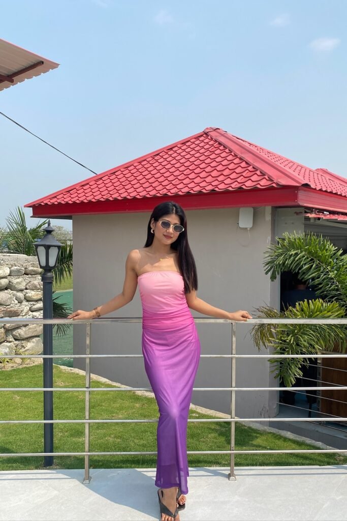 Pink and Purple Ombré Strapless Mesh Maxi Dress + Black Thong Sandals