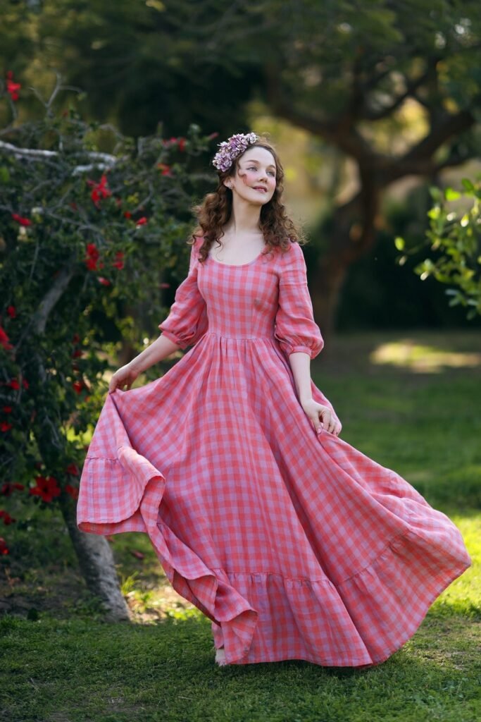 Pink and Red Gingham Maxi Dress + Floral Headband