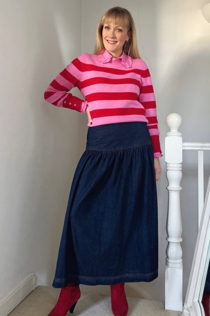 Pink and Red Striped Sweater + Pink Ruffled Collar Shirt + Dark Denim Maxi Skirt + Red Suede Heeled Boots