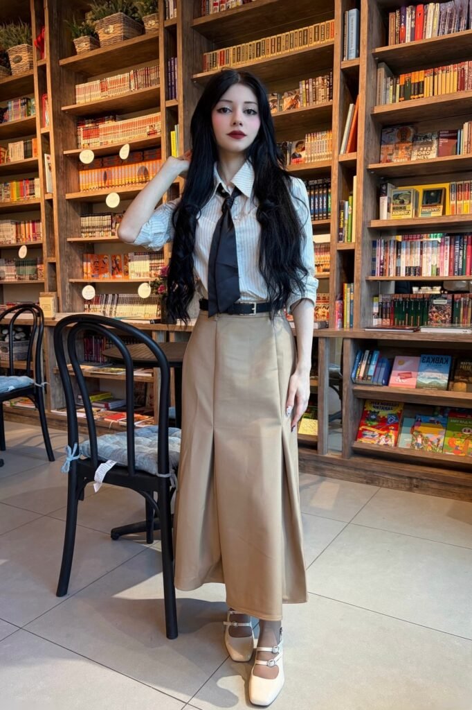 Pinstriped Button-Down Shirt + Black Necktie + Beige Pleated Maxi Skirt + White Double-Strap Mary Janes