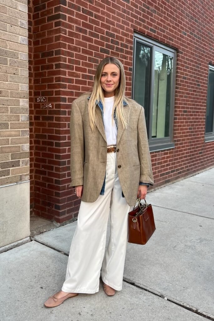 Plaid Oversized Blazer + White Wide-Leg Trousers + Pink Ballet Flats