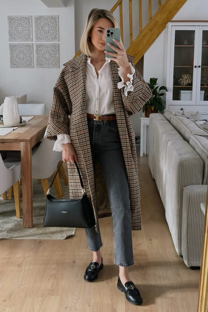 Plaid Oversized Coat + White Ruffle-Cuff Blouse + Grey Straight-Leg Jeans + Black Buckle Loafers