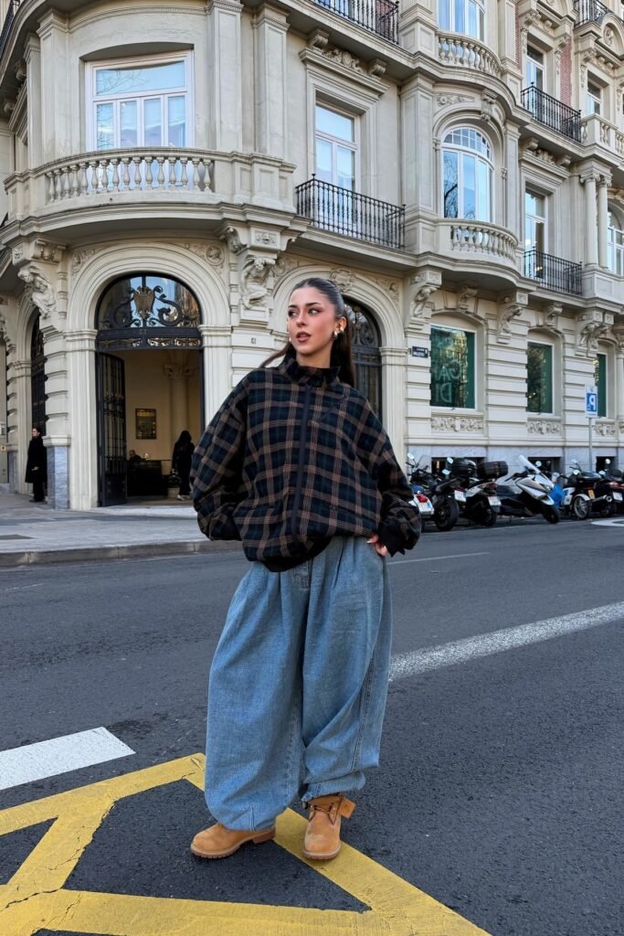 Plaid Quarter-Zip Pullover + Oversized Balloon Jeans + Tan Work Boots