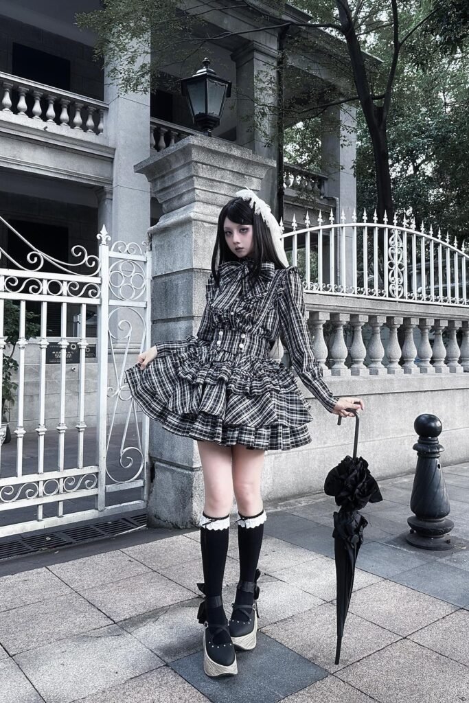 Plaid Ruffled Minidress + Black Knee-High Socks + Black Platform Mary Janes
