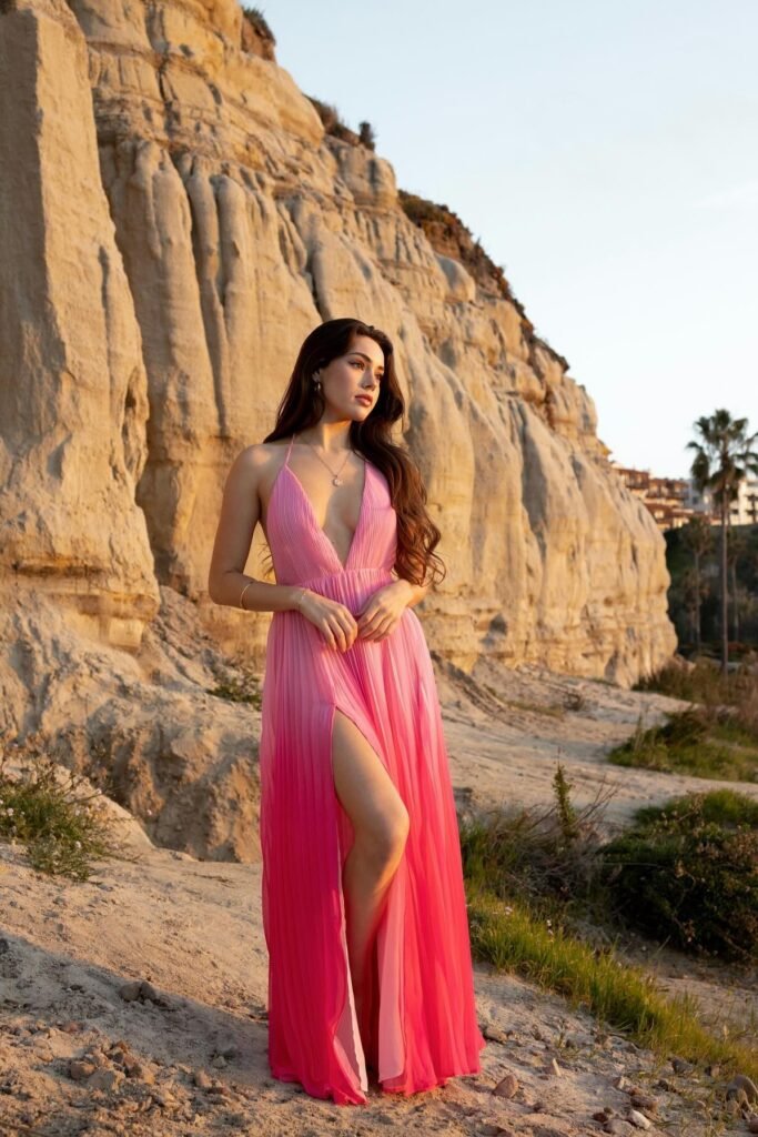 Pleated Hot Pink Ombré Maxi Dress + High Slit + Gold Necklace