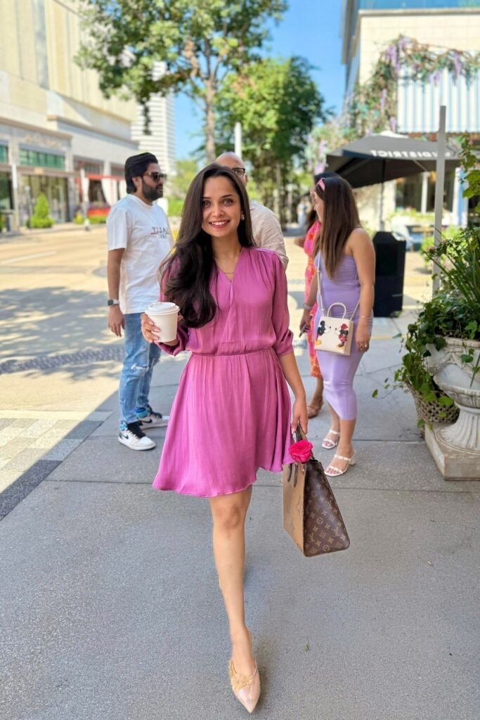 Plum Satin Mini Dress + Nude Pointed Flats + Brown Monogram Tote