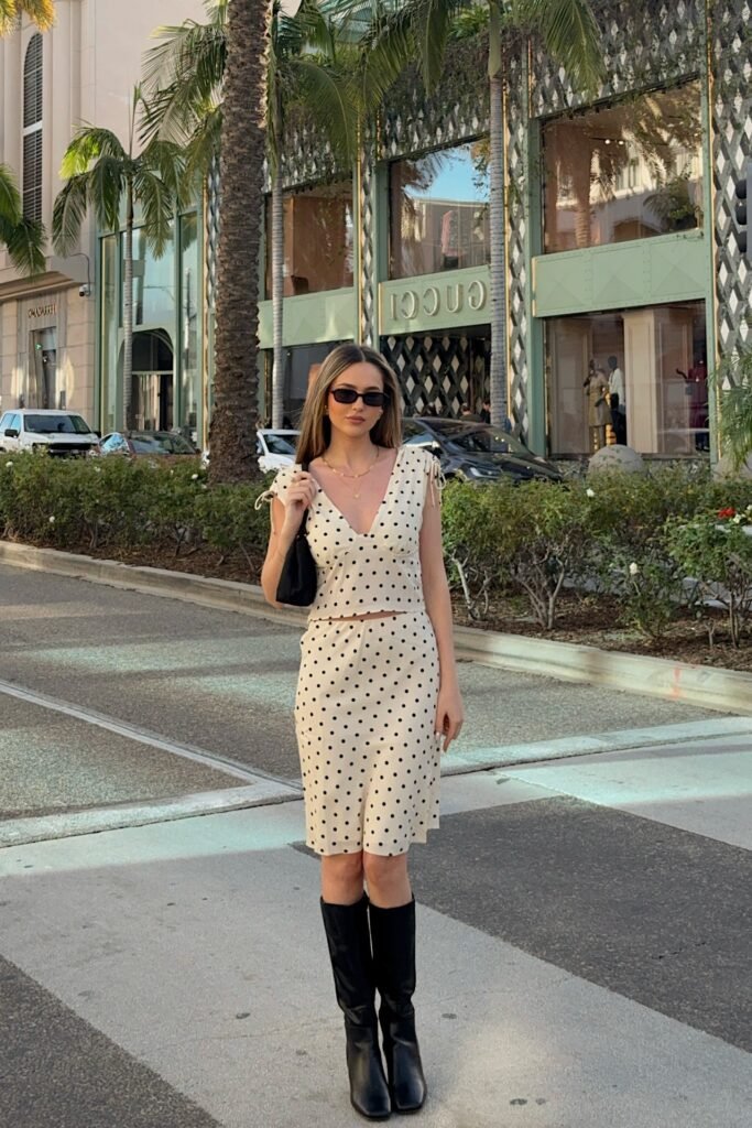 Polka Dot V-Neck Crop Top + Matching Polka Dot Midi Skirt + Black Knee-High Boots