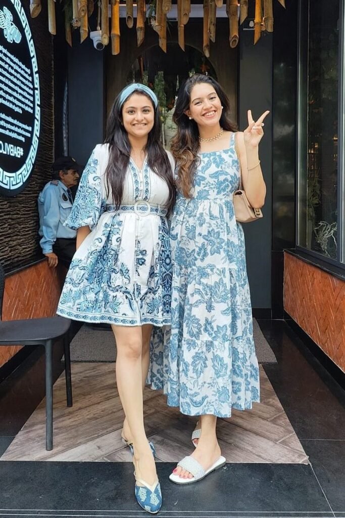 Puff-Sleeve Blue Floral Mini Dress / Blue Floral Tiered Maxi Dress + White Slides