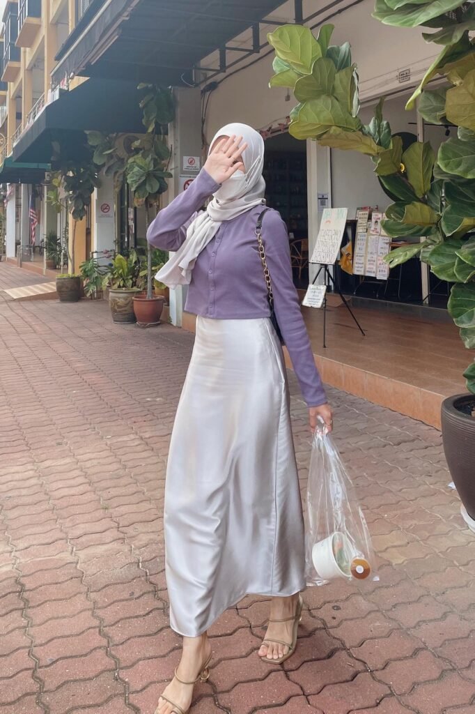 Purple Button-Up Cardigan + Silver Satin Maxi Skirt + Beige Heeled Sandals