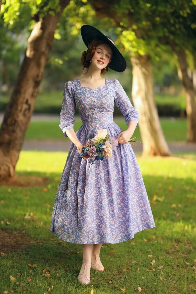 Purple Floral Print Tea-Length Dress + Wide-Brim Black Straw Hat + Nude T-Strap Flats