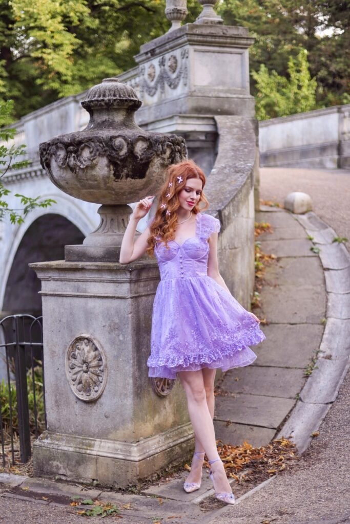 Purple Lace Corset Mini Dress + Purple Hair Bows + Floral Pointed-Toe Heels