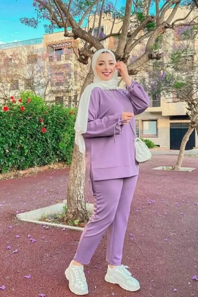 Purple Matching Co-ord Set + White Hijab & Mini Bag + Chunky White Sneakers