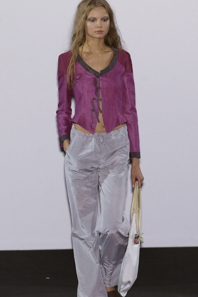 Purple Tie-Front Blouse + Metallic Silver Wide-Leg Trousers + White Tote Bag
