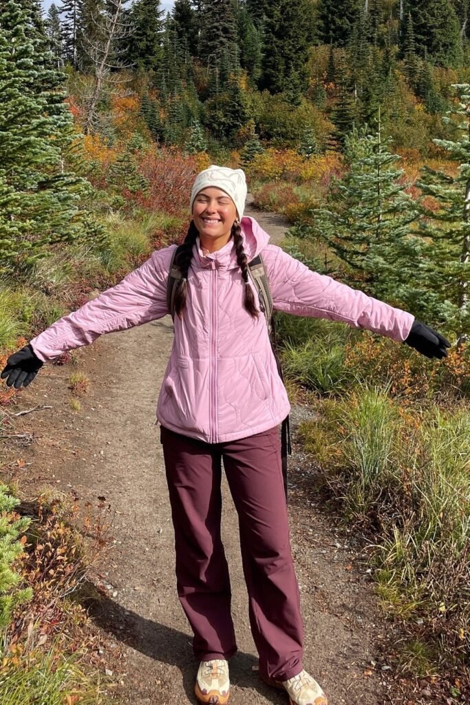 Quilted Dusty Pink Puffer Jacket + Maroon Straight-Leg Trousers + Cream & Tan Hiking Shoes