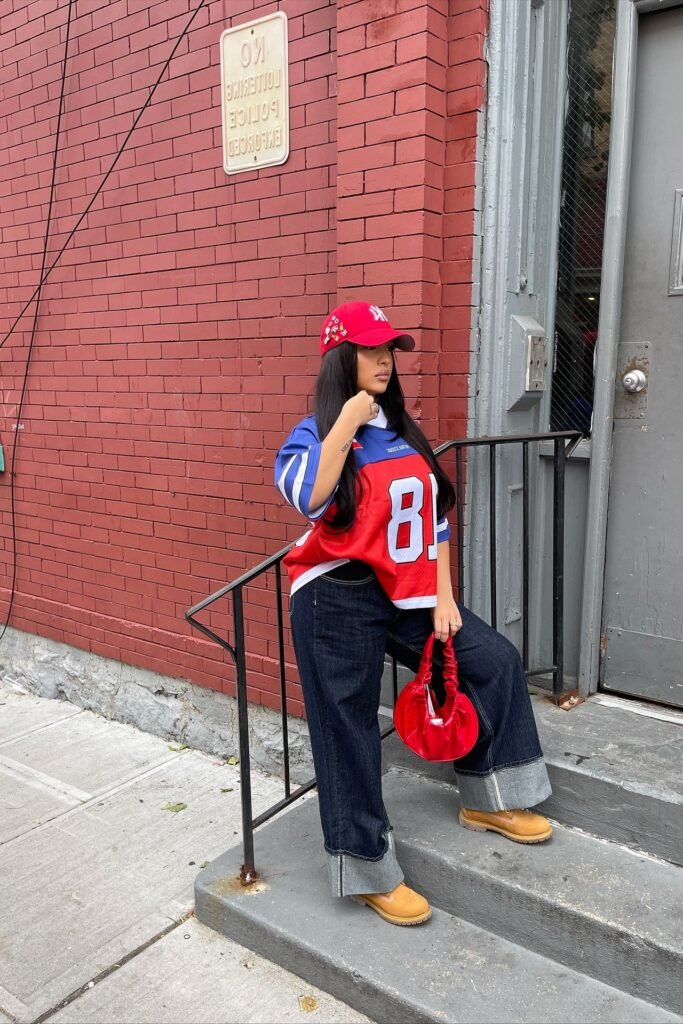 Red & Blue Oversized Jersey + Cuffed Dark Denim Jeans + Tan Work Boots