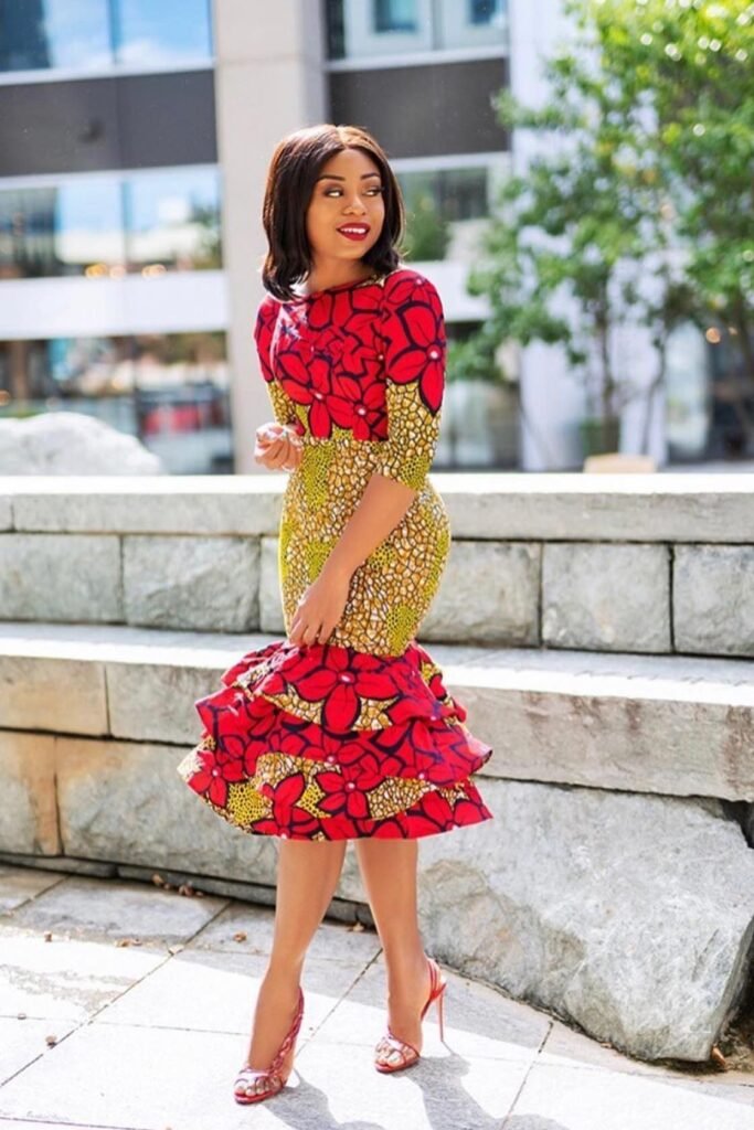 Red Floral Ankara Midi Dress with Tiered Peplum Hem + Red Strappy Heels