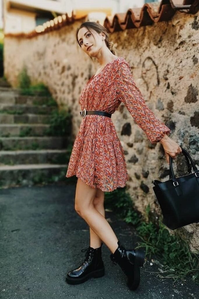 Red Floral Mini Dress + Black Waist Belt + Black Combat Boots
