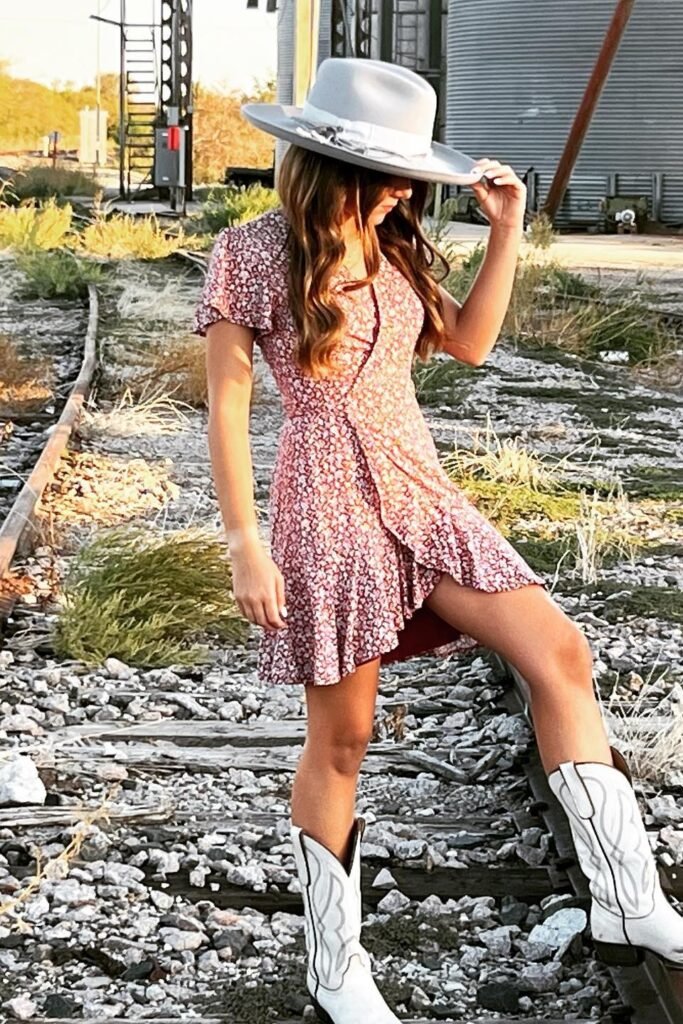 Red Floral Mini Wrap Dress + Light Grey Fedora + White Western Boots