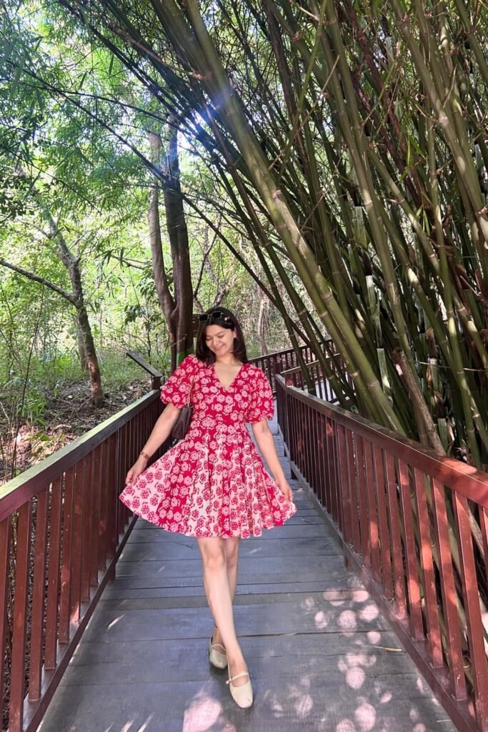 Red Floral Puff-Sleeve Mini Dress + Cream Mary Jane Flats
