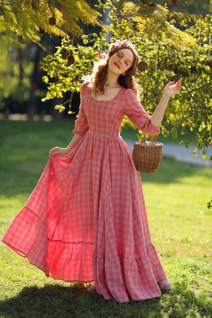 Red Gingham Maxi Dress + Floral Crown + Wicker Picnic Basket