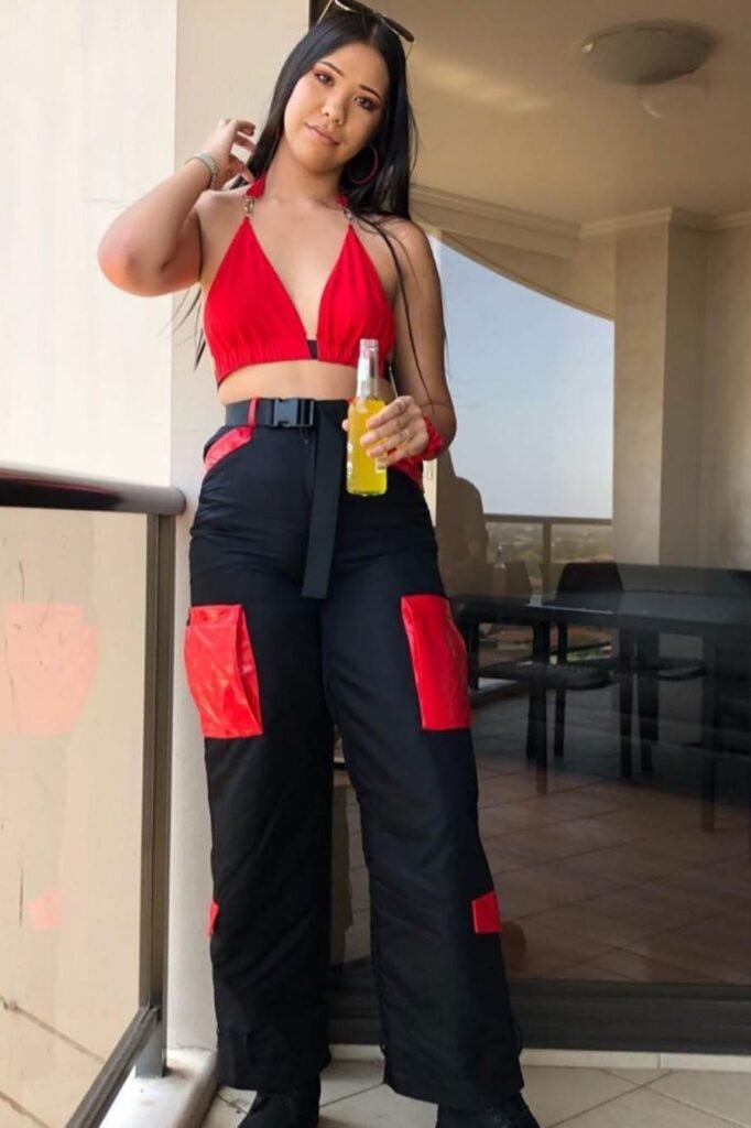 Red Halter Bikini Top + Black Cargo Pants with Red Pockets + Black Tactical Boots