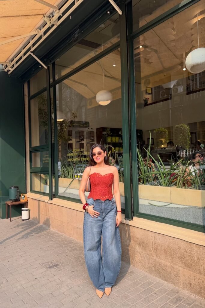 Red Lace Corset Top + Wide-Leg Blue Jeans + Pointed Beige Heels