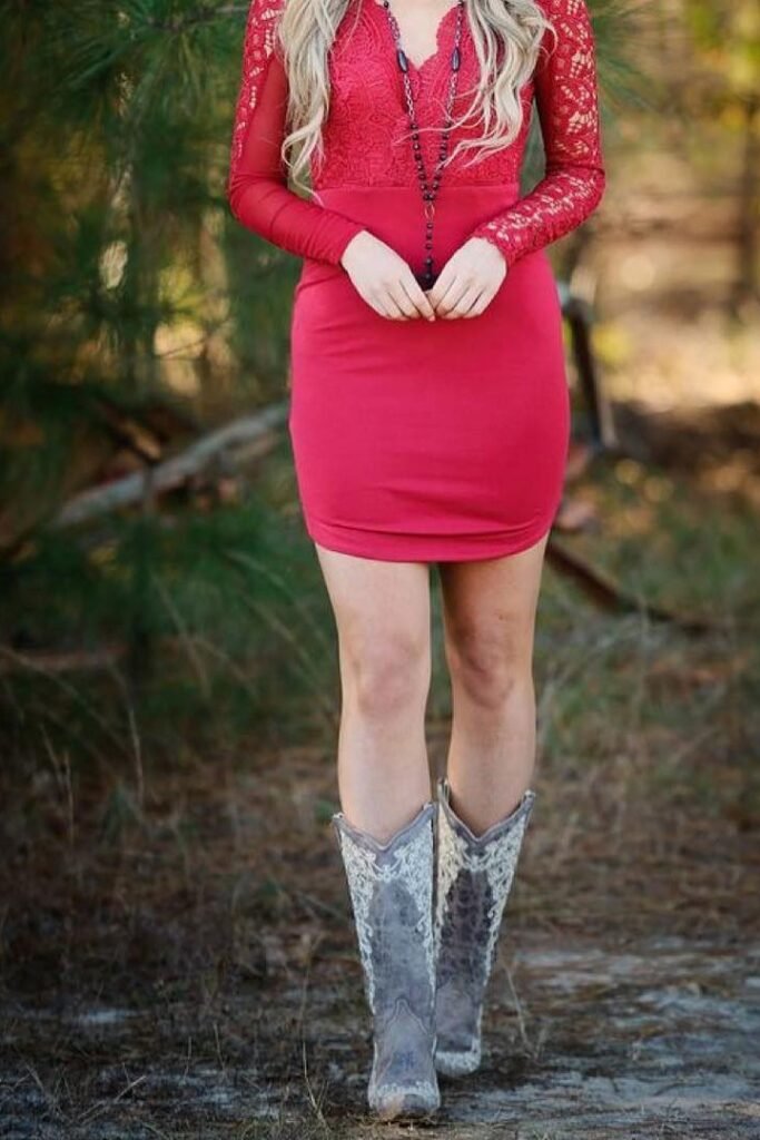 Red Lace Long-Sleeve Mini Dress + Long Black Beaded Necklace + Grey and White Embroidered Cowboy Boots