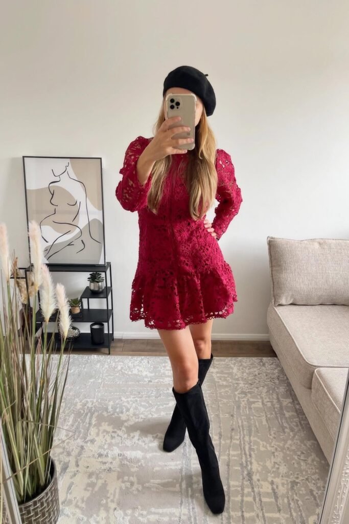 Red Lace Mini Dress + Black Beret + Black Knee-High Boots