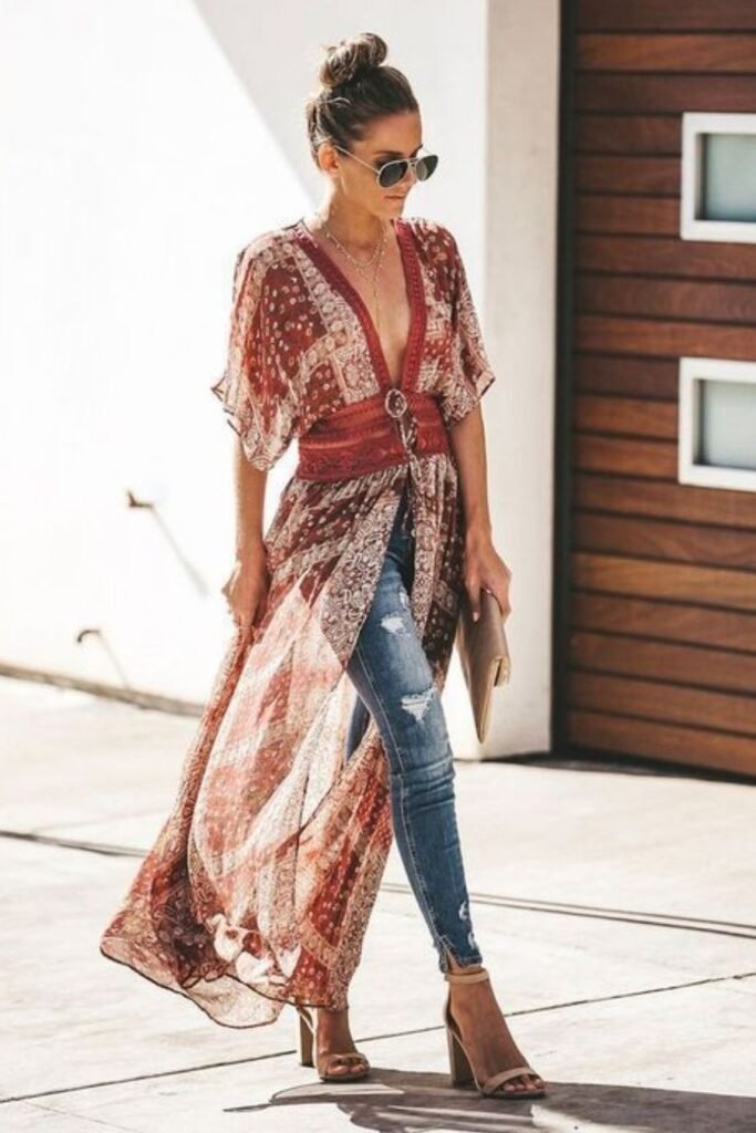 Red Patterned Sheer Duster + Distressed Skinny Jeans + Nude Heeled Sandals + Aviator Sunglasses