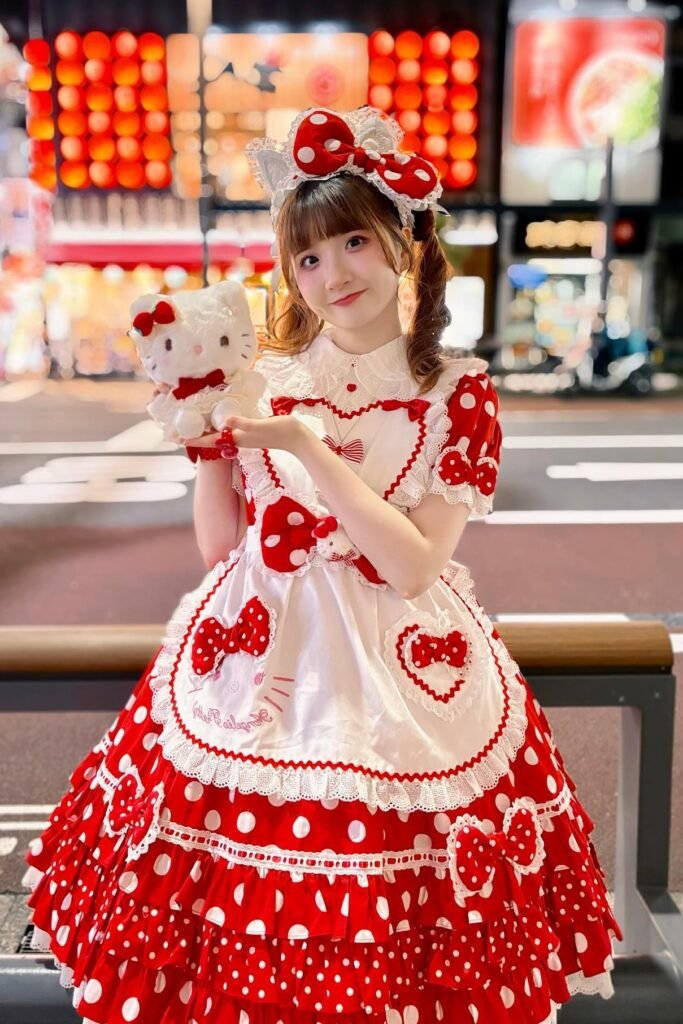 Red Polka Dot Apron Dress + Lace Trimmed Socks + Red Bow Headband