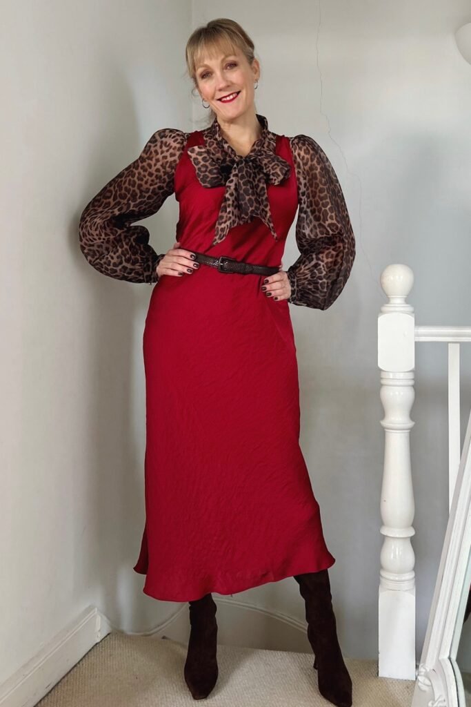 Red Sleeveless Midi Dress + Leopard Print Bow-Tie Blouse + Brown Suede Heeled Boots