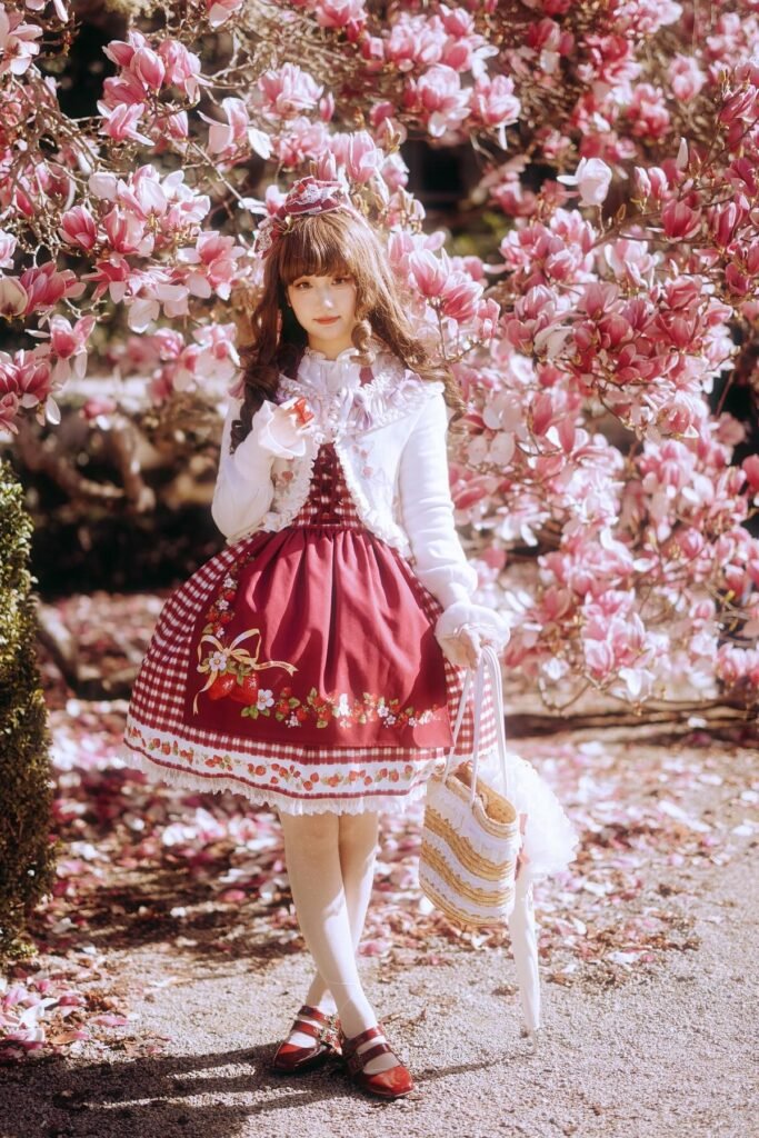 Red Strawberry-Print Gingham Dress + White Cardigan + Straw Tote Bag + Red Mary Jane Shoes