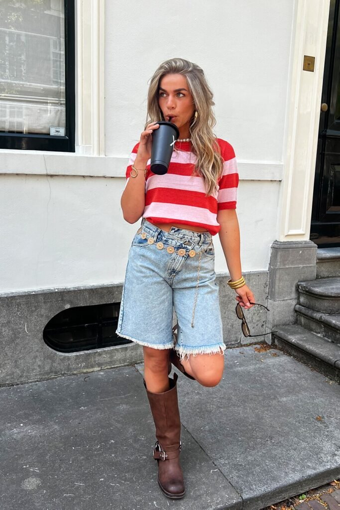 Red and Pink Striped Knit Top + Light Wash Distressed Jorts + Gold Chain Belt + Brown Tall Boots