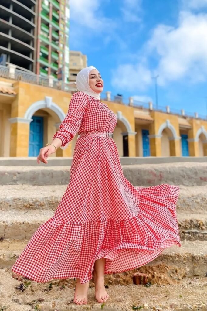 Red and White Gingham Tiered Maxi Dress + Thin Silver Belt + White Hijab