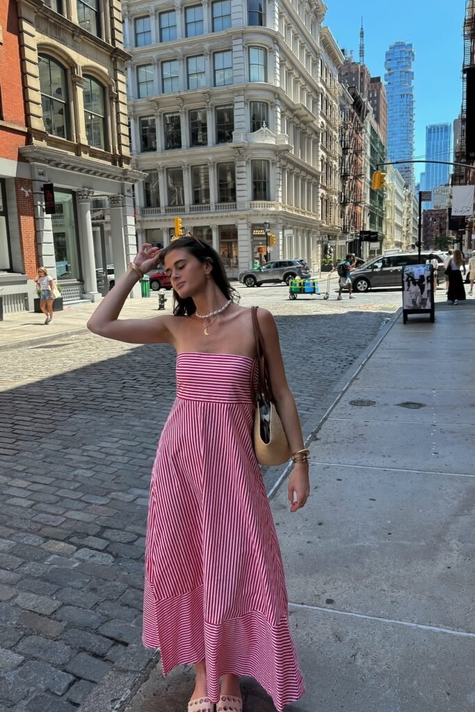 Red and White Striped Strapless Maxi Dress + White Pearl Necklace + Straw Tote Bag