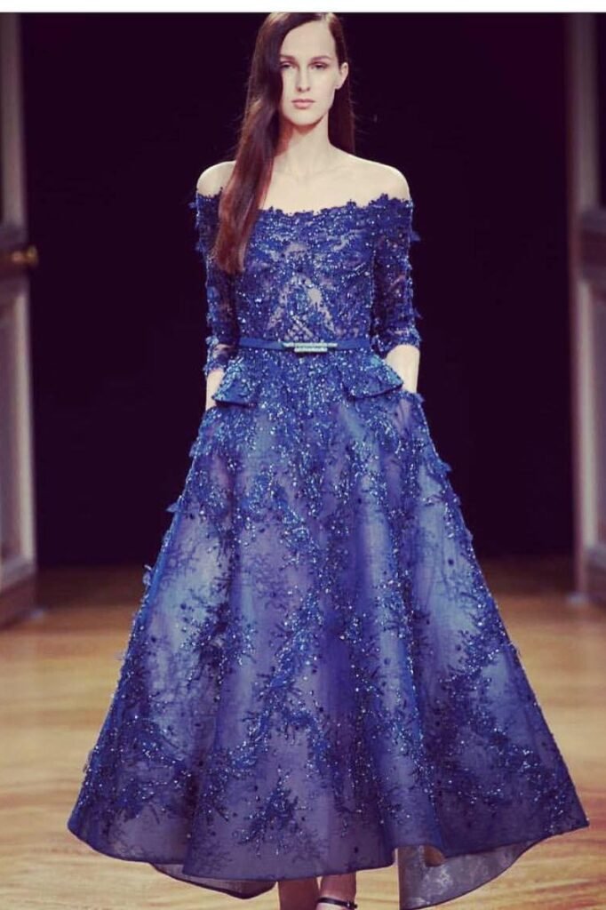 Royal Blue Embellished Off-the-Shoulder Gown + Thin Blue Belt + Black Heeled Sandals