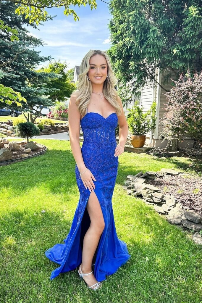 Royal Blue Lace Mermaid Gown + Silver Glitter Strappy Heels
