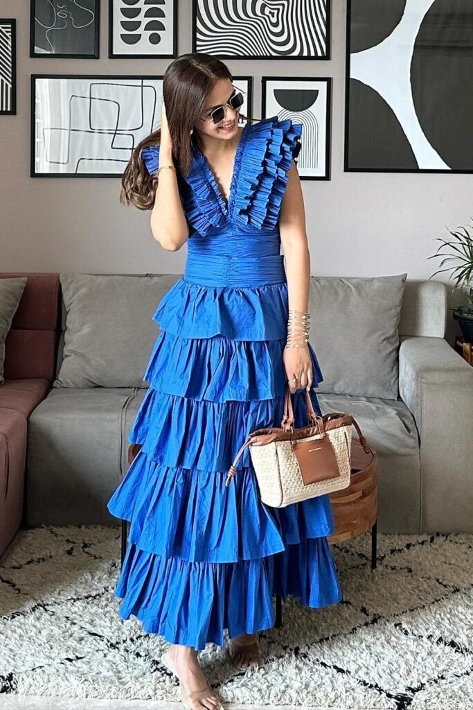 Royal Blue Multi-Tiered Ruffle Dress + Straw Handbag + White Sandals