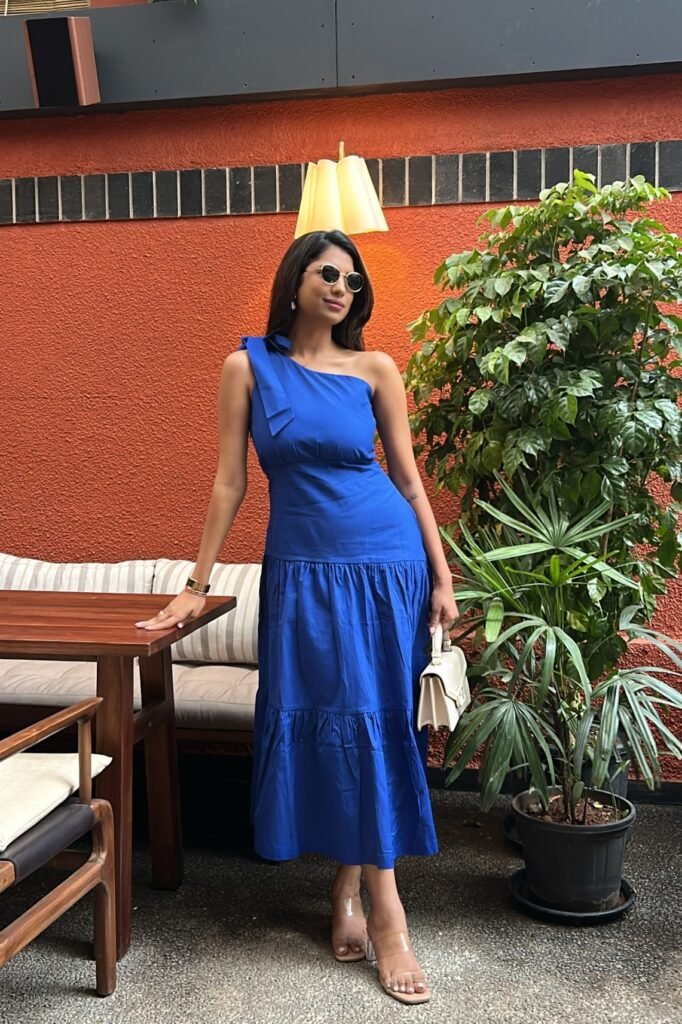 Royal Blue One-Shoulder Tiered Midi Dress + Clear Strap Block Heels + White Top-Handle Bag